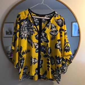 Kimono style yellow blouse with floral print
